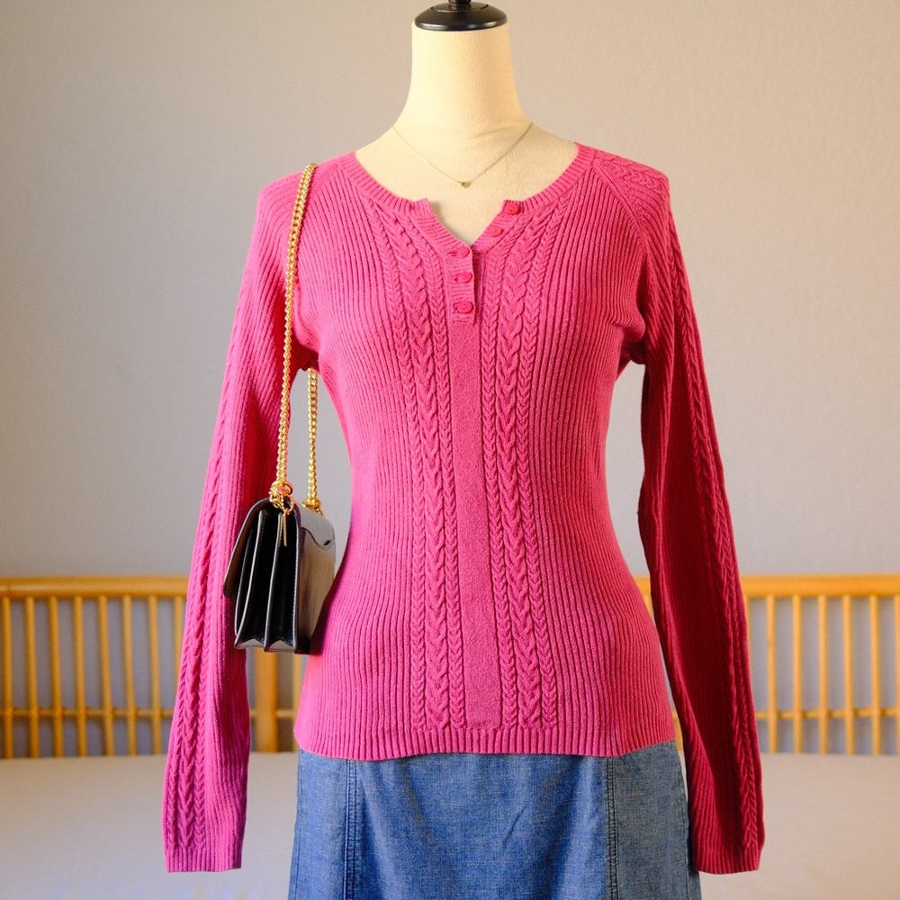 Pink Cable Knit Henley Sweater - Elena Gilbert / Soft Girl Classic